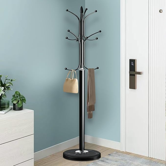 Metal Coat Rack Stand with Natural Marble Base, Coat Rack Freestanding, Free Standing Hall Tree with 12 Hooks for Hanging Clothes, Bags, Scarfs, Coat Hanger for Entryway, Hallway (Black)