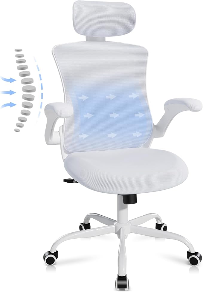 Ergonomic Office Chair with Adjustable Lumbar Support & Headrest, High Back Mesh Desk Chair with Flip-Up Armrests, Breathable & Comfortable Computer Chair for Home, Office & Study –White
