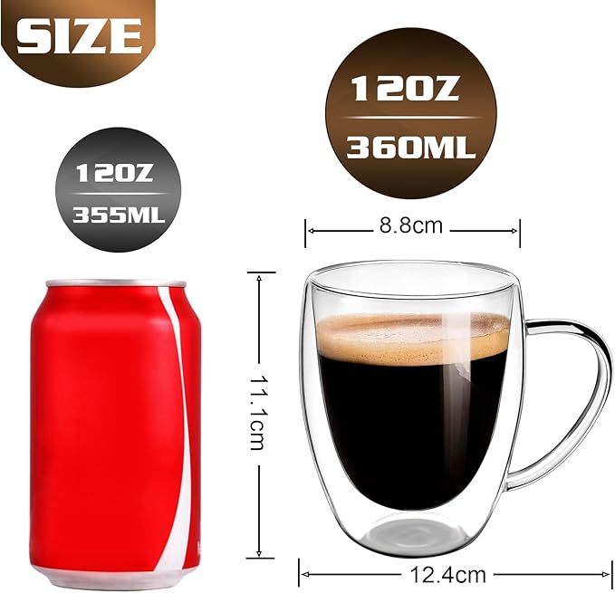 Clear Glass Double Wall Insulated Round Coffee Mugs Set of 6 Pieces - Medium Size 12oz Best Reusable Coffee Mug for Home Cafe Restaurant Perfect for Espresso Capucinno Lungo Latte Coffee