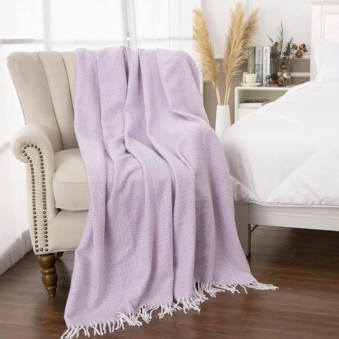 Gealaek Decorative Diamond Lattice Faux Cashmere Throw Blanket Pink Lavender Fringe Lightweight Fuzzy Soft Cozy Throws for Sofa Bed Farmhouse Throw Blanket 50" x 60"