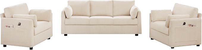 Sofa Set for Living Room Corduroy Couch Sets 3 Seater and Single Chair, Sofas for Apartment and Small Spaces (Beige, Sofa Set)