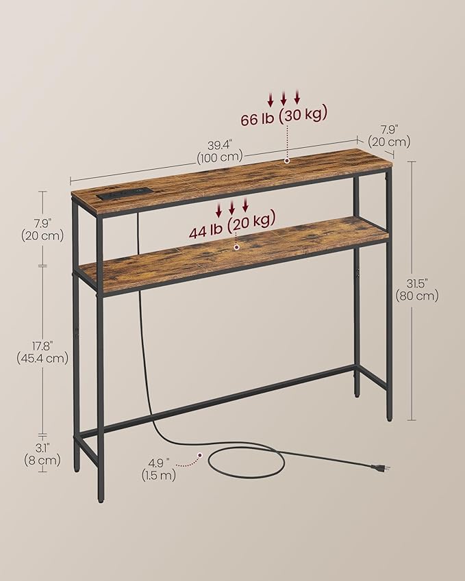 VASAGLE Console Table with Power Outlet, 2-Tier Narrow Sofa Table with 2 Shelves, 7.9 x 39.4 x 31.5 Inches, for Living Room, Hallway, Entryway, Rustic Brown and Ink Black ULNT136K01