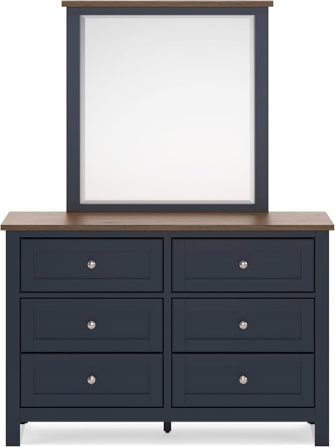 Signature Design by Ashley Landocken Casual 6-Drawer Dresser and Mirror with Safety Stop, Blue & Light Brown