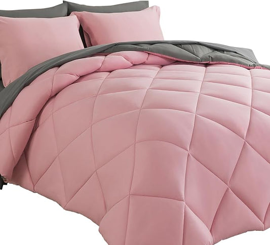 Cosybay Bed in a Bag Queen Comforter Sets 7pcs All Season Solid Down Alternative Bedding Sets Pink and Grey with Comforter, Pillow Shams, Flat Sheet, Fitted Sheet and Pillowcases