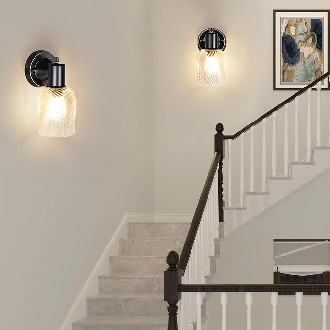 Wall Sconces Set of 2 - Matte Black Vanity Lights for Bathroom Modern Wall Light Fixtures with Rotary Switch - Wall Mount Light with Stripe Glass,Farmhouse Wall Lamp for Bedroom Mirror Living Room
