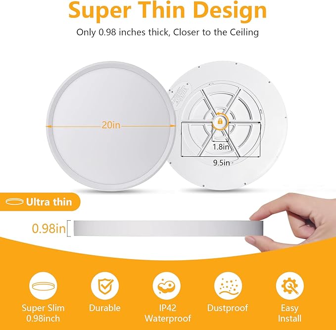 Led Flush Mount Ceiling Light,20 Inch 40w 4350lm,3000k/4000k/6000k 3CCT Selectable, Round Modern Flat Panel Super Slim Led Ceiling Light,for Living Dining Kitchen Bedroom Room (1Pack-White)