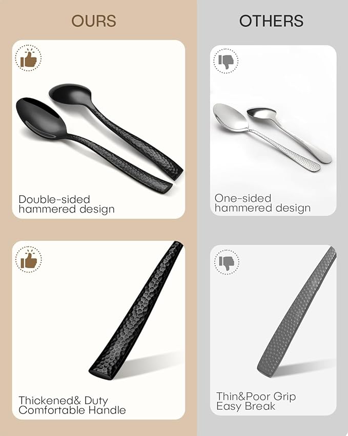 Black Silverware Set, Ollex 60-Piece Heavy Duty Hammered Flatware Set for 12, Food-Grade Stainless Steel Knives Forks and Spoons Utensil Set, Mirror Cutlery Set for Home Restaurant, Dishwasher safe