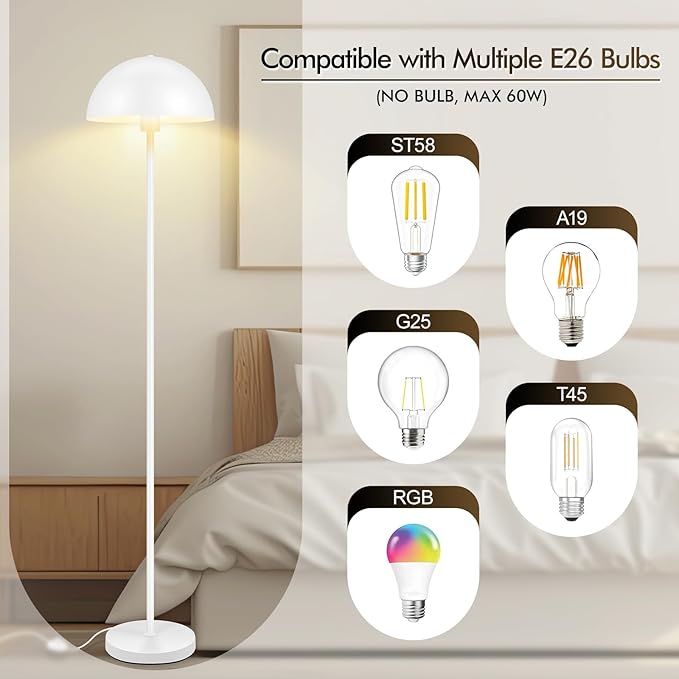 Floor Lamp, Industrial White Floor Lamps for Living Room, 65.6in Standing Lamp, Retro Mushroom Dome Shade, Whole Metal, E26 Socket, Mid Century Modern Floor Lamp for Bedroom/Office,No Bulb
