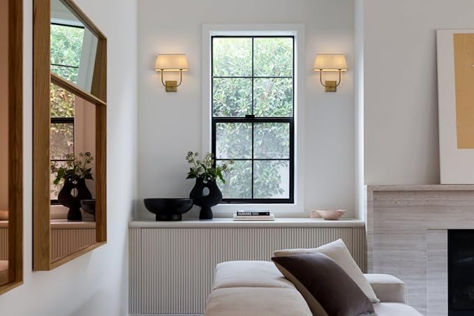 Vintage 2-Lights Wall Sconces with Linen Fabric Lampshade, Double Head Bathroom Vanity Lights Fixture in Antique Brass, Indoor Wall Lamps for Bedroom Living Room Hallway Stairway