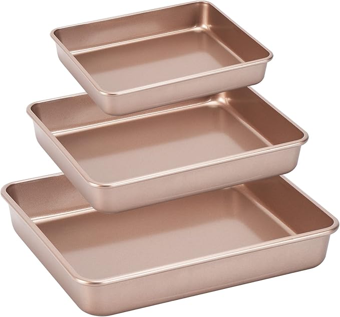 3-Pack Roasting Pan Set, Nonstick Baking Tray, Rectangular Bakeware for Oven, Non-Toxic Coating and Durable Quality (Champagne Gold)