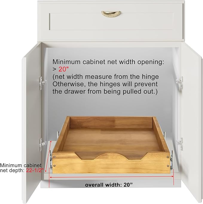 DINDON 1 Tier Pull Out Cabinet Organizer (20" W x 21" D) Single Tier Heavy Duty Slide Out Wood Drawer Under Sink Shelf Organization Storage