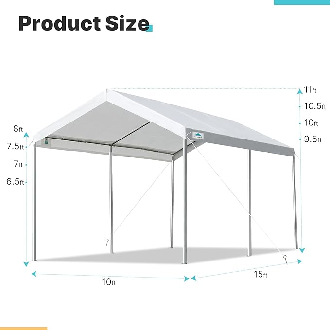 ADVANCE OUTDOOR 10x15 ft Heavy Duty Carport Potable Car Canopy Garage Party Tent Boat Shelter, Adjustable Height from 9.5 ft to 11 ft, White