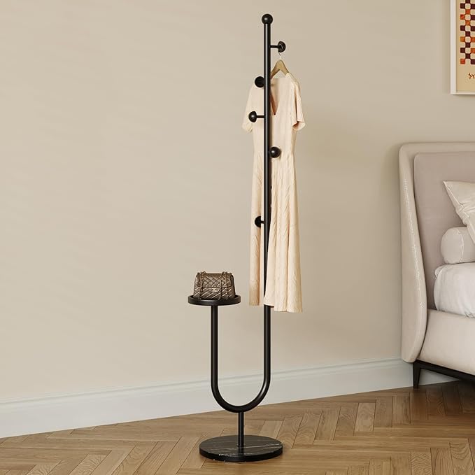 Coat Rack,Metal Free Standing Coat Stand with marble base, Hall Coat Tree with 6 Hooks and Storage Tray,68.9 Inch Tall, for Coats, Hats, Bags, for Entryway, Hallway, Bedroom (black)