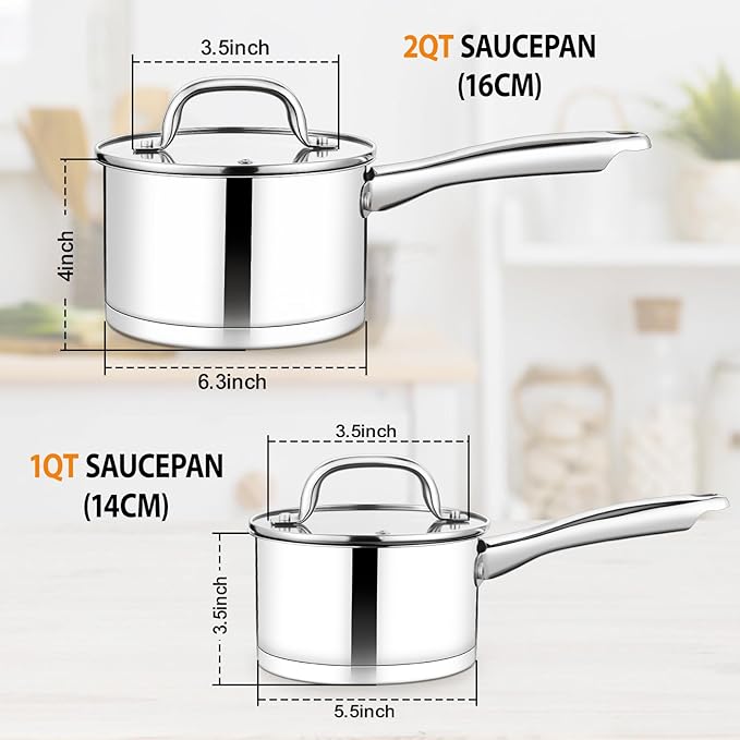 TeamFar Saucepan with Lid, 1QT & 2QT Stainless Steel Sauce Milk Pan with Tri-ply Bottom for Induction/Gas/Electric/Ceramic, Healthy & Heavy Duty, Mirror Finish & Straight Side, Dishwasher Safe