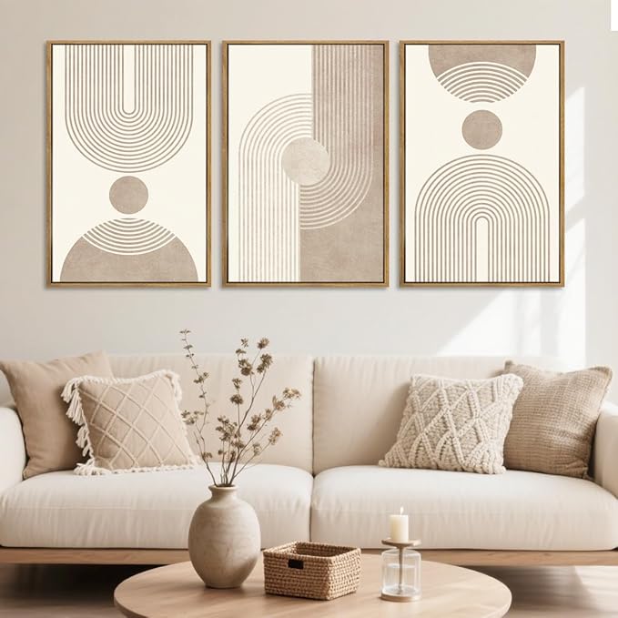 BINCUE Beige Neutral Canvas Wall Art Framed Geometric Abstract Wall Decor Mid Century Modern Artwork Wall Decor for Living Room Bedroom Office 16"x24" Set 3 Gift