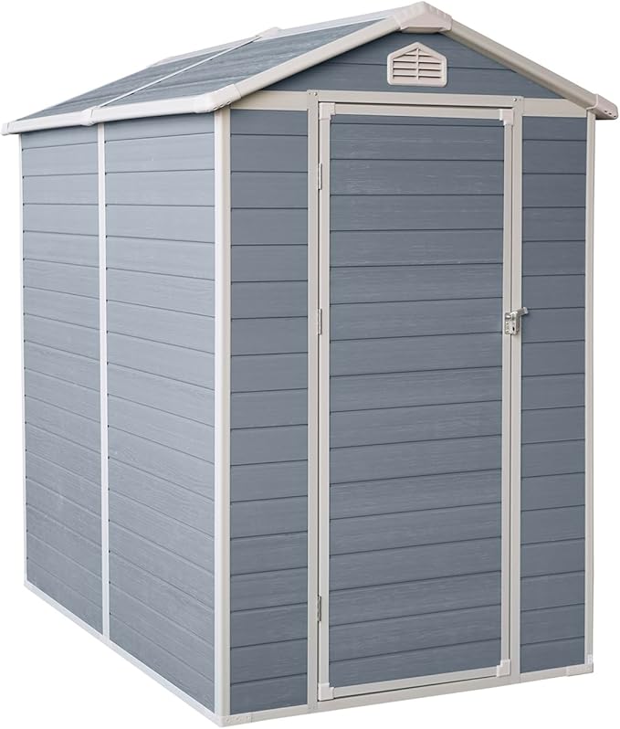 6x4 FT Outdoor Storage Resin Shed with Floor, Waterproof Plastic Garden Tool Shed with Windows, Vents & Lockable Door and Sloped Roof, Easy to Assemble Bike Shed for Patio, Backyard, Lawn, Grey