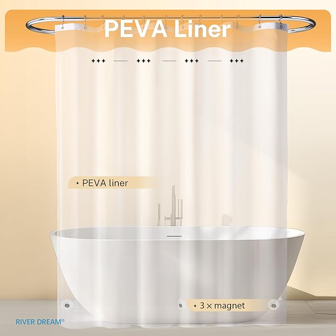 River Dream Waffle 3 in 1 Shower Curtain Set, White Fabric Shower Curtain and Clear Liner Set with Double Sided Hooks, Waterproof, 72" W*72" H