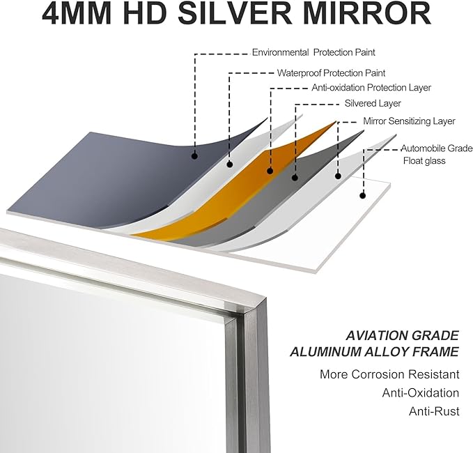 26x40 Inch Silver Bathroom Mirror - Copper-Free Mirror, Aluminum Alloy Frame Vanity Rectangle Wall Mounted Modern Mirror for Bedroom/Living Room/Porch Horizontal or Vertical