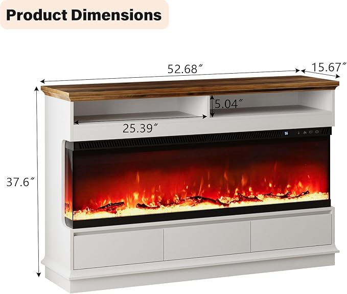 4 EVER WINNER Fireplace TV Stand with 50" Electric Fireplace, Fireplace Entertainment Center with 3-Side Glass Insert, 3 Drawers, TV Stands for Living Room, White