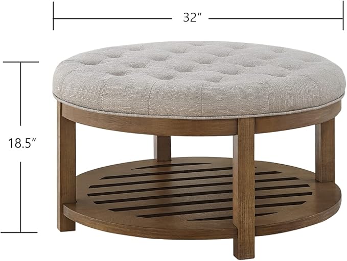 24KF Large Round Upholstered Tufted Linen Ottoman Coffee Table, Large Footrest Ottoman with Wood Shelf Storage-Iinen