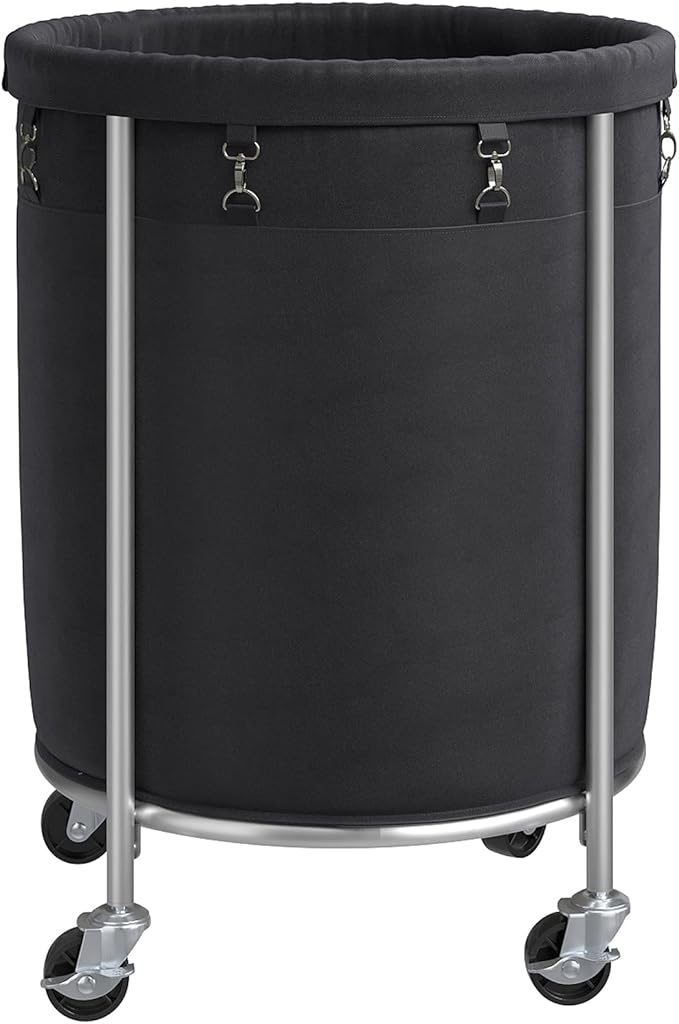 ELYKEN Laundry Hamper on Wheels, 23.6" Diameter 170L Large Capacity Laundry Basket with Removable Liner Bag, Easy Rolling Clothes Cart with 4 Casters and 2 Brakes, Sturdy Metal Frame, Black