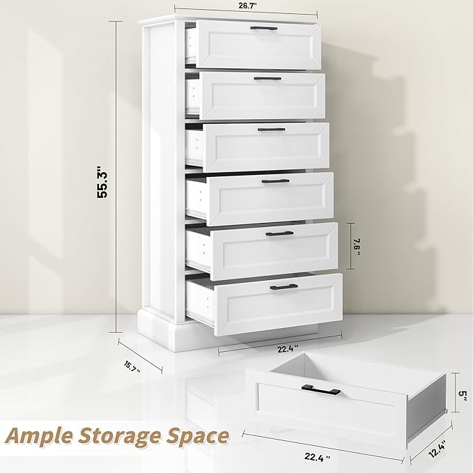 Tall White 6 Drawer Dresser, Wood Vertical Chest of Drawers for Bedroom, 55" H Modern Lingerie Dressers for Closet, Living Room, Hallway and Home Office