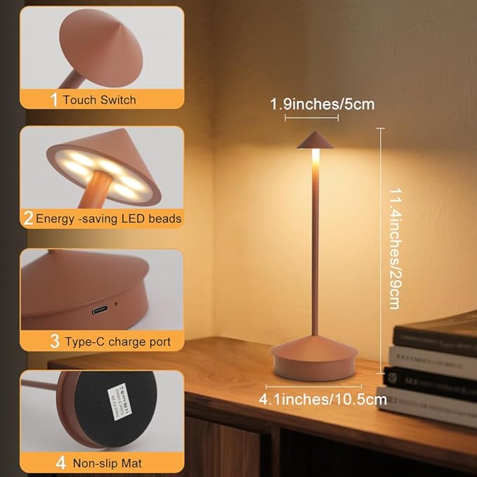 EJQ Cordless Table Lamp,Bedside Table Lamp for Bedroom,6000mAh Battery Operated Portable LED Desk Lamp,3 Way Dimmable Touch Lamp Rechargeable USB Charging Ports for Restaurant/Patio/Outdoor(Brown)