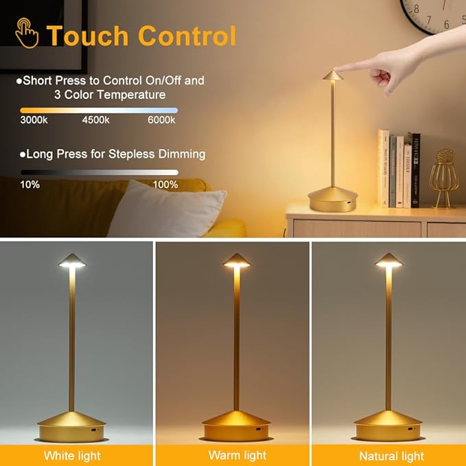 EJQ Cordless Table Lamp,Portable LED Desk Lamp, 6000mAh Battery Operated, 3 Color Stepless Dimming Up Touch Lamp for Restaurant/Bedroom/Bars/Outdoor Party/Camping/Coffee Shop Night Light(Gold)