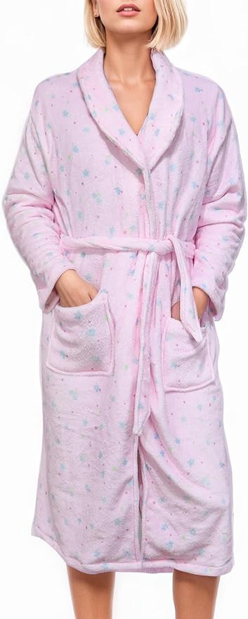 Women Fleece Floral Fruit Print Bathrobe Soft Flannel Lounge Robe Cute Fall Robe Lightweight Warm Gown with Belt