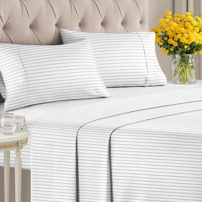 Light Grey and White Striped Sheets - 1 Flat & 1 Fitted Sheet & 2 Pillowcases w/ Deep Pockets - Wrinkle & Fade Resistant, Ultra-Soft, Breathable & Cooling - Luxury Pinstripe Bedding - Queen Size