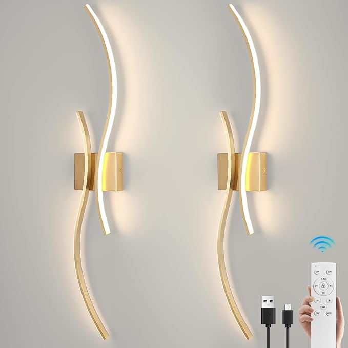 Battery Operated Wall Sconces with Remote Control, Rechargeable Dimmable Touch Wall Sconces Set of Two, 3000K-6500K LED Wireless Wall Light for Living Room Bedroom Hallway,31.5inch(Gold)