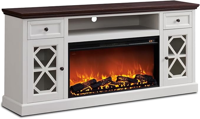Farmhouse Fireplace TV Stand with 36" Electric Fireplace for 80 Inch TVs, 31" Tall Entertainment Center w/Drawer & Diamond Panel Door, Highboy Media Console for Living Room, 70inch, White