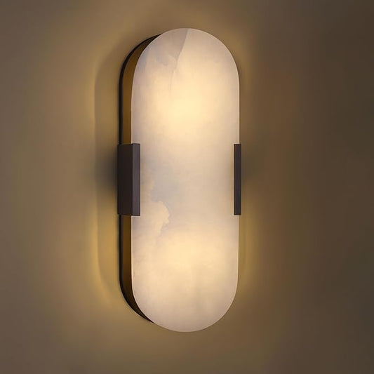 2 Light Natural Oval Alabaster Marble Bathroom 15 Inch Wall Sconce Modern Concise Style Wall Light Fixtures,Oil Rubbed Bronze Finish for Bedroom Hallway Bedside Living Room