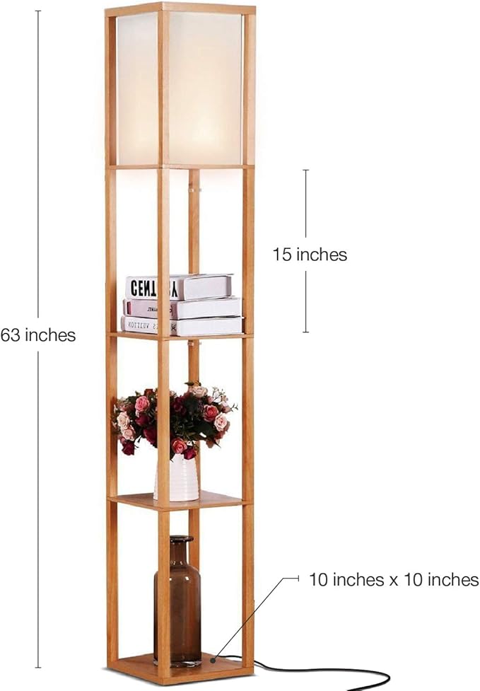 Brightech Maxwell - Modern Shelf Floor Lamp with Lamp Shade and LED Bulb - Corner Display Floor Lamps with Shelves for Living Room, Bedroom and Office - Natural Wood