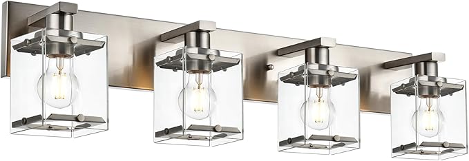 4-Lights Bathroom Vanity Light Fixtures in Brushed Nickel, E26 Socket Wall Sconce Lighting Fixtures with Clear Glass Shades for Over Mirror Bedroom Living Room Cabinet