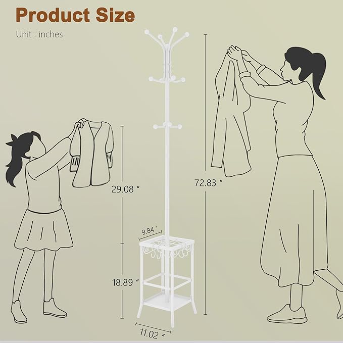 Hoctieon Coat Rack Freestanding, Coat Tree with Umbrella Holder, Metal Coat Rack Stand with 12 Hooks, Standing Coat Hanger Stand, Umbrella Stand for Entryway, Hat Rack Stand for Home Office, White