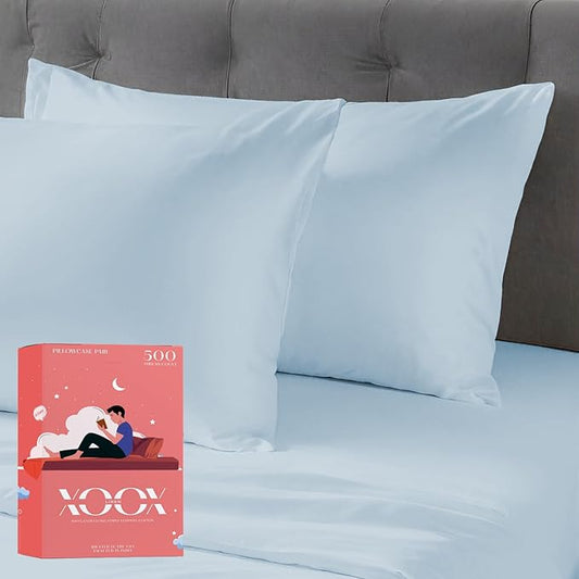 XOOX Linen 100% Cotton Pillowcases King Size Set of 2-500 Thread Count Cotton Pillowcases, Ultra Soft, Breathable, Cooling Pillow Cases for Sleeping, Pillow Covers for King Pillows - Light Blue