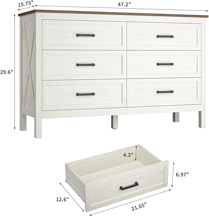 Farmhouse 6 Drawers Dresser for Bedroom, Modern Dresser with Metal Handle, Natural Texture, Wood Rustic Chest of Drawers for Bedroom, Living Room, Hallway and Entryway, Antique White