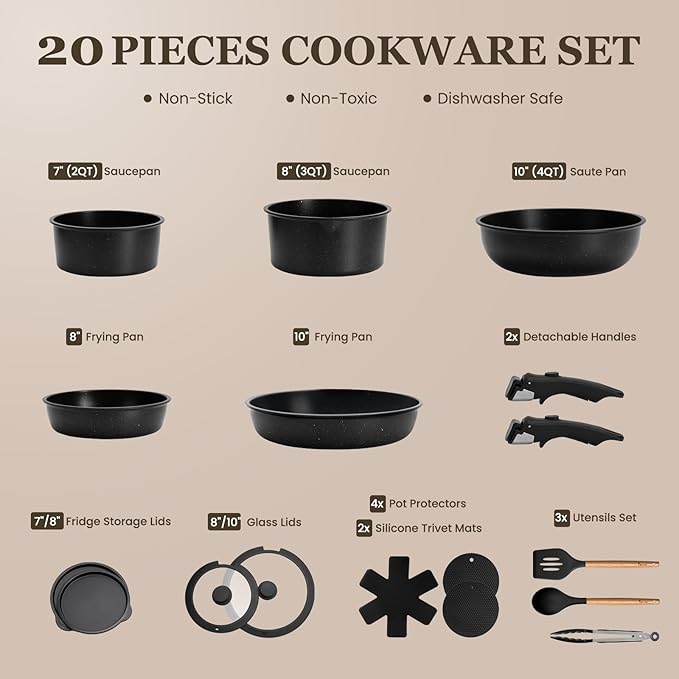 KIKCOIN 20 Pcs Pots and Pans Set Non Stick, Detachable Handle Cookware Sets Nonstick, Non Toxic Induction RV Kitchen Cooking Set with Removable Handles, Dishwasher/Oven Safe, Easy Clean (Black)