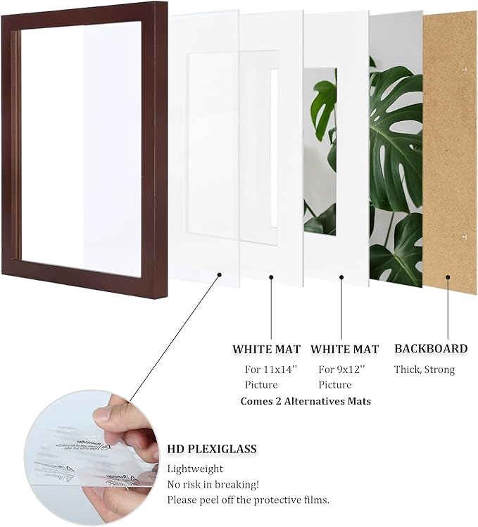 Egofine 12x16 Picture Frames with Plexiglass, Display Pictures 9x12/11x14 with Mat or 12x16 Without Mat for Wall Mounting, Walnut Color
