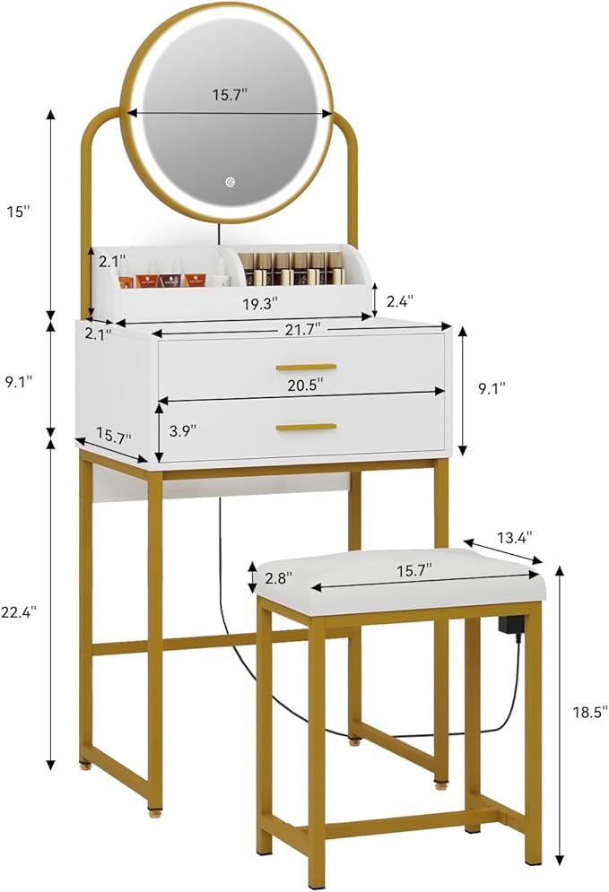 ARTETHYS Small Vanity Desk with Mirror and Lights White Compact Makeup Vanity with Chair Modern Space-Saving Dressing Table with Drawer for Small Bedroom, Apartment
