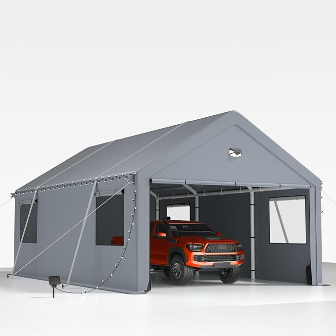 12x20FT Heavy Duty Carport Canopy,Extra Large Portable Car Tent Garage with Roll-up Windows and All-Season Tarp Cover,Removable Roof&Side Walls for Car,SUV,Boats&Truck Shelter Logic Storage