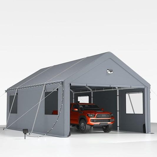 12x20FT Heavy Duty Carport Canopy,Extra Large Portable Car Tent Garage with Roll-up Windows and All-Season Tarp Cover,Removable Roof&Side Walls for Car,SUV,Boats&Truck Shelter Logic Storage