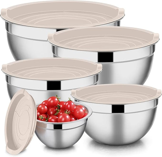 E-far Stainless Steel Mixing Bowls with Lids, 5-Pack Metal Nesting Bowls with Airtight Covers for Cooking, Baking, Serving, Storage, Non-toxic & Dishwasher Safe, Size 4.6/3/1.5/1/0.7QT - Khaki