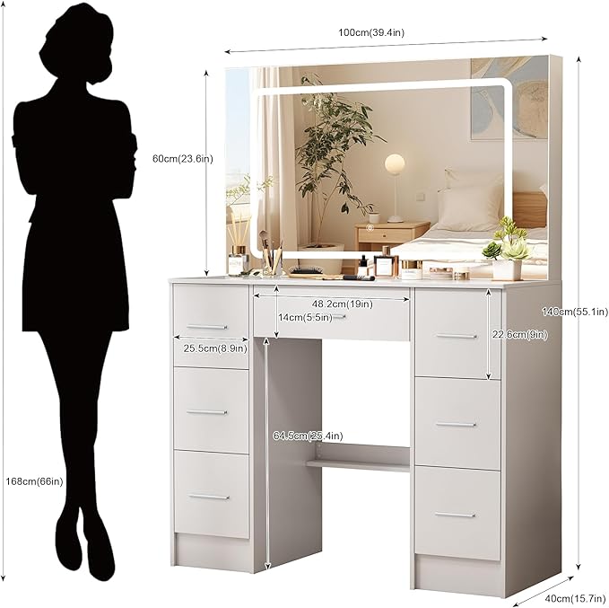 Vanity Desk with Mirror and LED Lights, 40" W Makeup Vanity Desk with 7 Drawers and Super Large Mirror, Derssing Table with 3 Color Modes and Adjustable Brightness, Modern Makeup Table