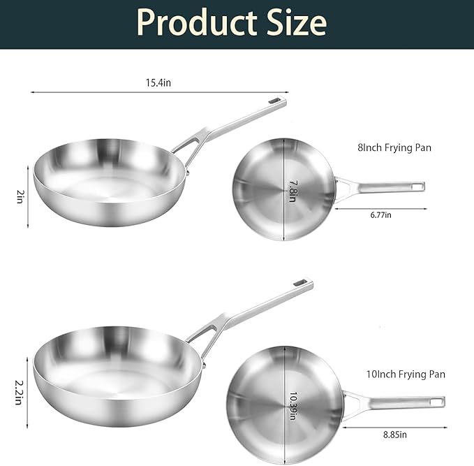 Tri - Ply Stainless Steel Frying Pan Set 8" 10" Skillets with Tempered Glass Lids Durable, Ideal for Eggs, Induction Compatible up to 600°F