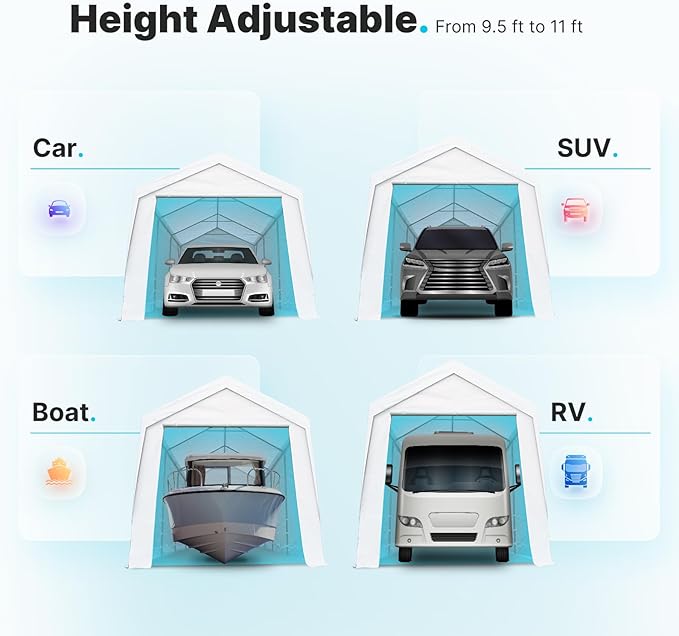 ADVANCE OUTDOOR 10x20 ft Heavy Duty Carport Garage Shelter, Adjustable Height (6.5-11ft) Waterproof Canopy with Removable Sidewalls for Cars, RV, Boat, Truck, Party - White