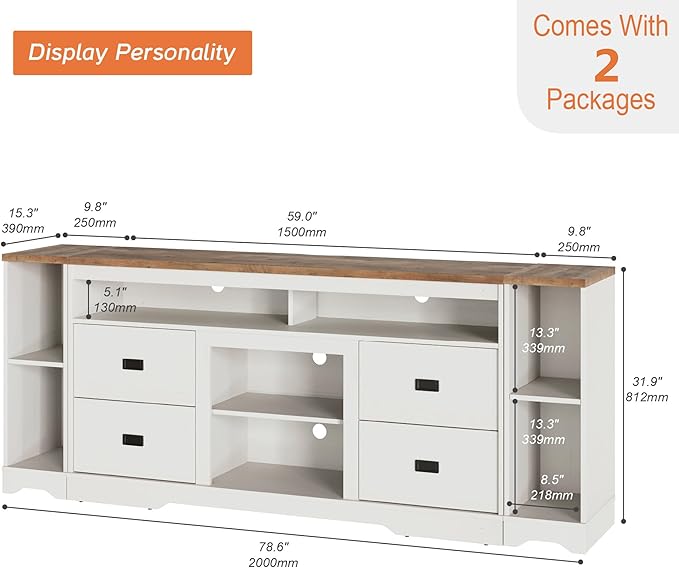 WAMPAT Farmhouse 85 in TV Stand,3 in 1 Wood Entertainment Center with Drawers and Adjustable Shelf, Tall Media Console with Open Storage Space for Living Room,Antique White