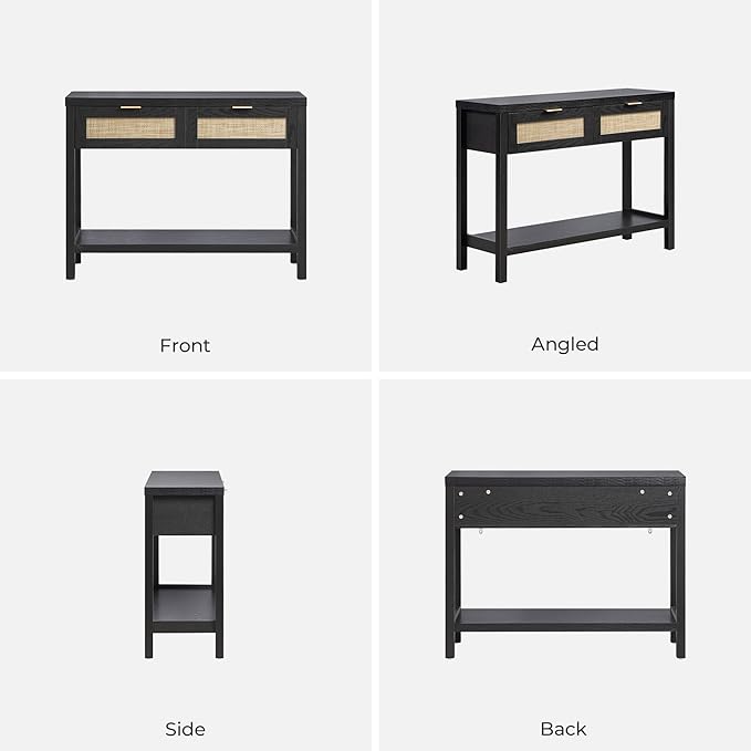 SICOTAS Black Console Table with Rattan Drawers - Boho Rattan Entryway Table with Storage, Small Console Tables for Entryway, Entry Table for Hallway, Sofa Table
