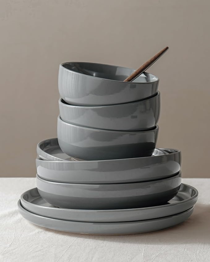 Famiware Milkyway Plates and Bowls Set, 18 Pieces Dinnerware Sets, Dishes Set for 6, Dark Gray